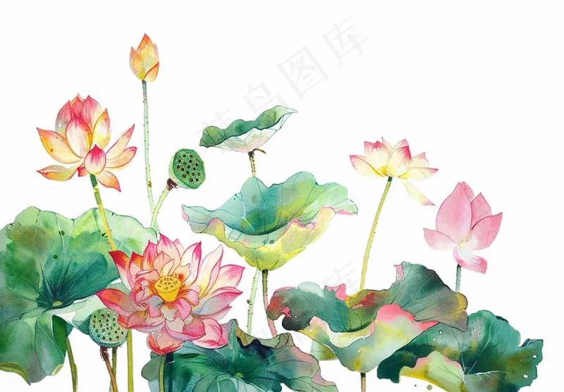 夏天荷花荷叶国风水彩画免抠(1312x912)