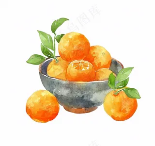 橘子一碗橙子水果水彩画免抠