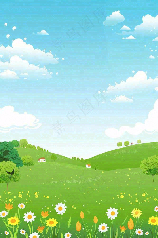 春天绿草地蓝天白云立春春分惊蛰小满卡通插画背景(896x1344)