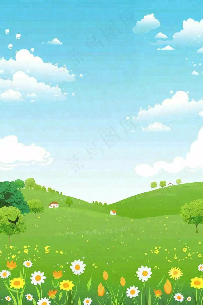春天绿草地蓝天白云立春春分惊蛰小满卡通插画背景(896x1344)