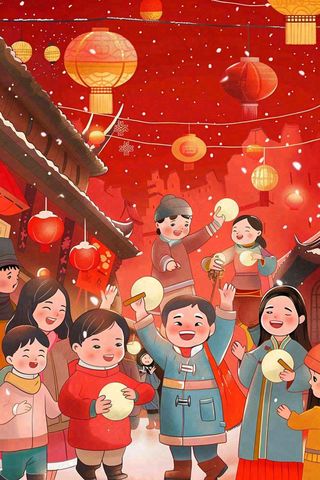 新年除夕热闹的街区烟花庆祝人物插画背景