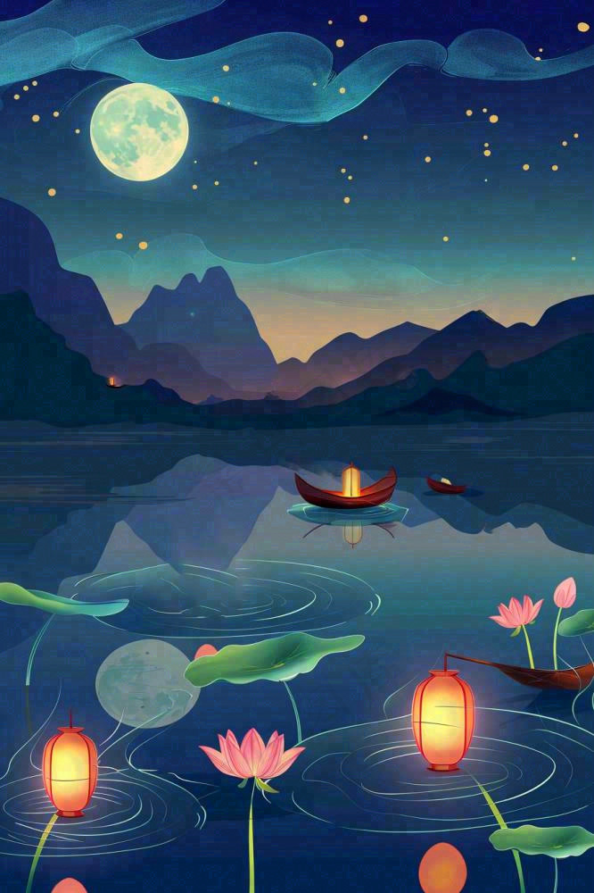 月圆之夜湖面莲花灯祈福星空中秋中元节插画背景(896x1344)