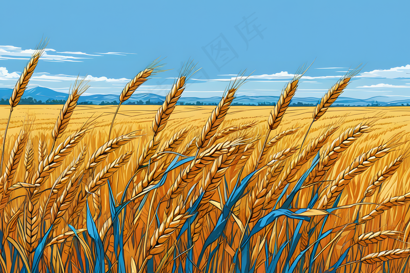 晴朗蓝天背景下农田里小麦穗图片