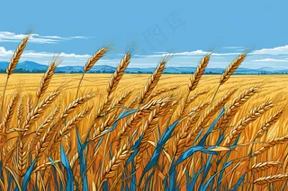 晴朗蓝天背景下农田里小麦穗图片