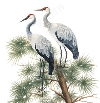 一对仙鹤站在松树上古风插画免抠