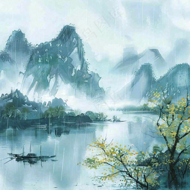 中国风水墨画江南水乡山水画天青色烟雨天清明端午雨水背景(1024x1024)