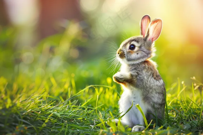 春天草地里的兔子阳光摄影图(4032x2688)