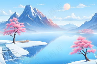 手绘国风意境山水风景插画图片