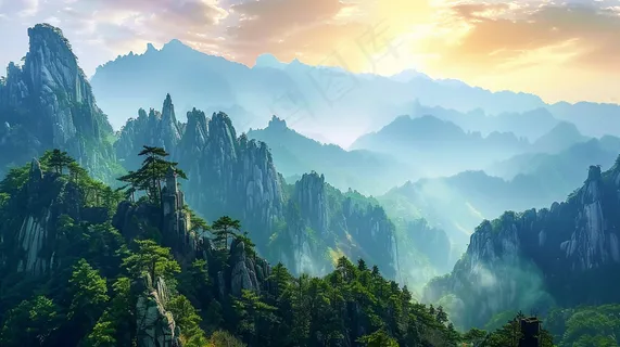 清晨日出朝霞云层山川摄影图