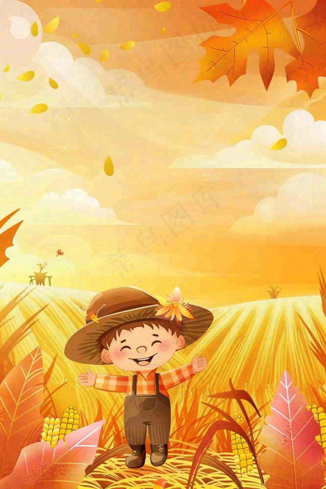 秋天金黄的农田小麦稻谷稻草人落日秋收立秋处暑秋分卡通插画背景(896x1344)