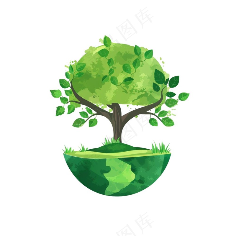 世界地球上的大树绿色卡通插画免抠
