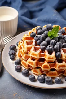 蓝莓华夫饼蜂蜜松软可口美食甜点摄影图 蓝莓华夫饼蜂蜜松软可口美食甜点摄影图