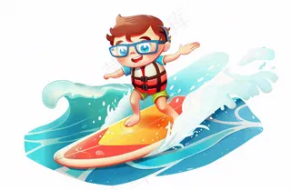 冲浪的少年男孩浪花运动卡通人物插画免抠