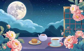 中秋晚宴赏月月饼喝茶牡丹花古风屏风祥云国潮风中国风插画背景