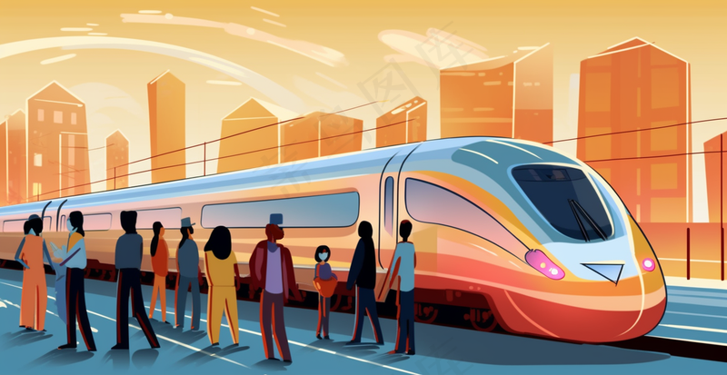 中国传统节日春节除夕春运赶火车回家团聚的人物插画海报背景