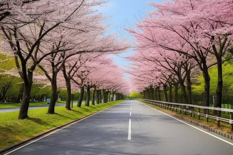 春天道路两侧樱花树风景摄影图 春天道路两侧樱花树风景摄影图