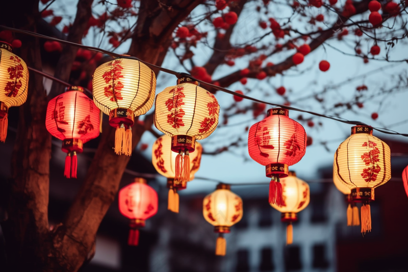 新年树梢挂着红灯笼喜庆摄影图(4032x2688)