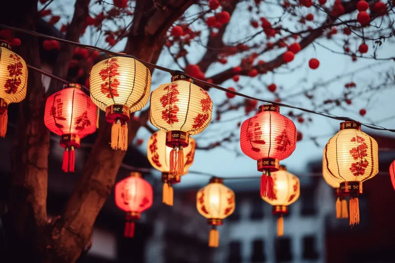 新年树梢挂着红灯笼喜庆摄影图(4032x2688)