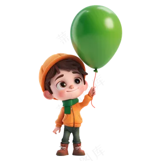 免扣拿着绿色气球的卡通男孩