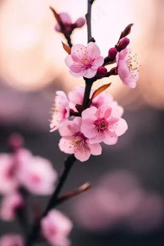 粉梅花春天桃花樱花树枝抽新芽摄影图