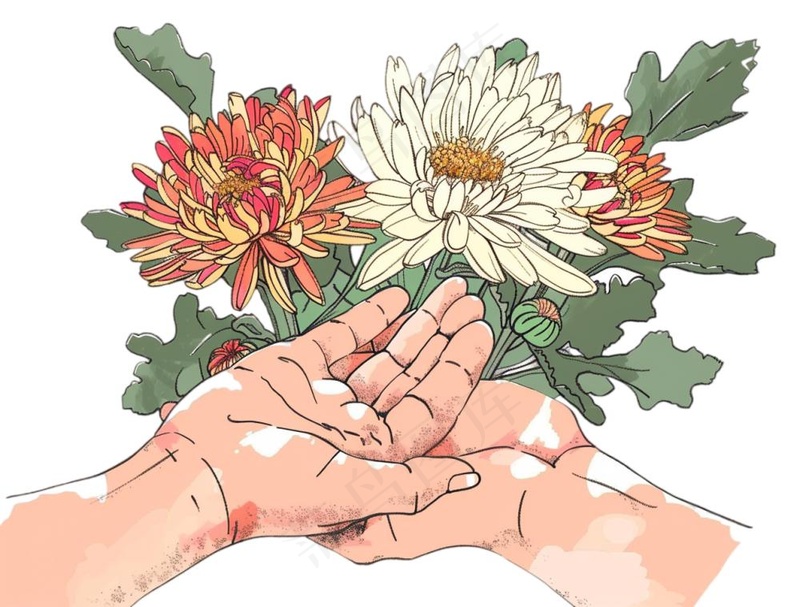 手捧菊花清明节卡通插画免抠(1264x960)