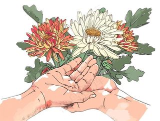 手捧菊花清明节卡通插画免抠