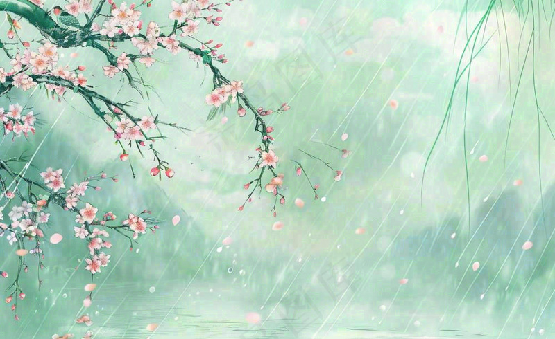 清明节春天桃花柳树燕子山水中国风古风雨水谷雨水墨插画背景(1408x864)