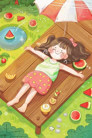 夏季乘凉吃西瓜场景女孩躺着庭院大暑小暑插画炎热插画背后
