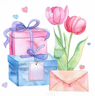 礼物礼盒鲜花郁金香信封水彩画插画免抠