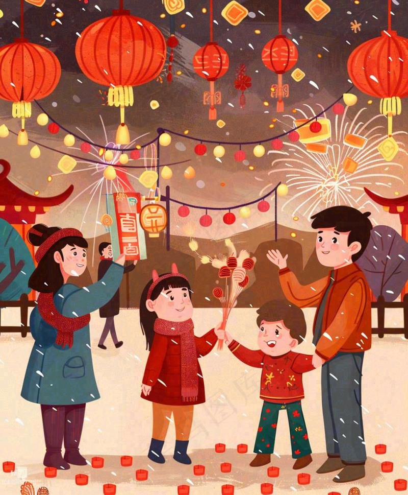 新年一家人游玩张灯结彩热闹喜庆放烟花街道小年除夕春节卡通插画背景
