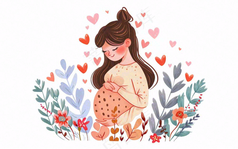 孕妇妈妈育儿鲜花拥促人物卡通插画免抠(1376x864)