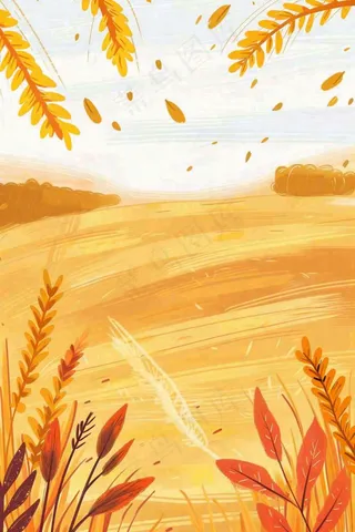 秋天金黄的麦田小麦黄树秋风丰收的季节立秋秋分卡通插画背景