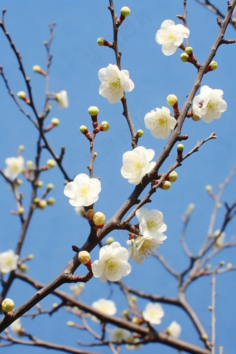 白梅花春天树枝抽新芽蓝天摄影图(2688x4032)