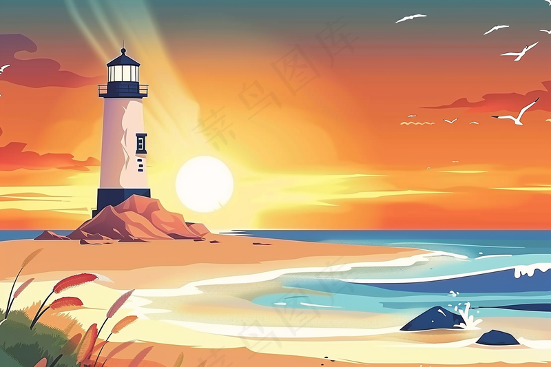 海滩礁石灯塔落日夕阳插画背景