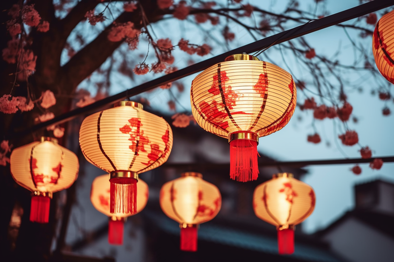 新年树梢挂着红灯笼喜庆摄影图(4032x2688)