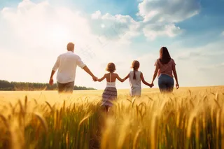 秋季麦田里手牵手往前走的一家人丰收成熟麦穗摄影图