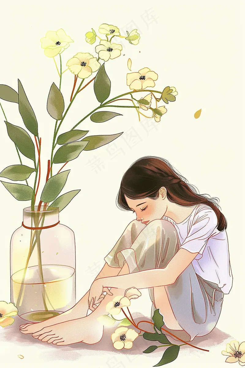 坐在花瓶子边上的少女插画背景(2688x4032)
