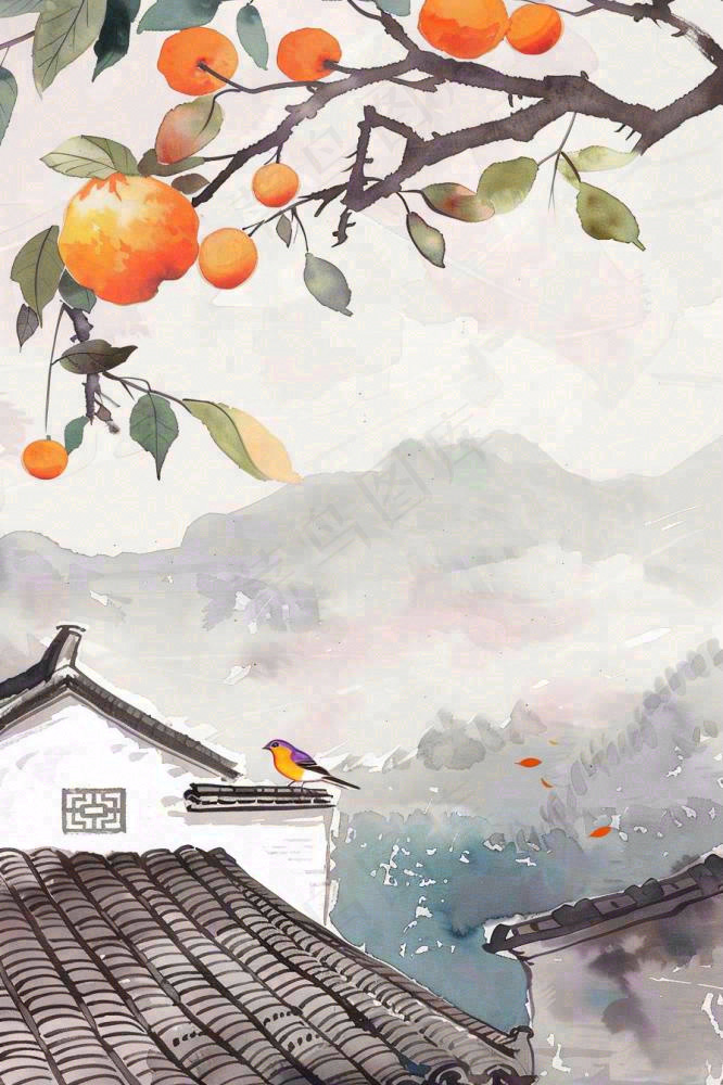 秋天婺源村庄柿子树老式建筑屋檐中国风国画水彩立秋秋分处暑背景(896x1344)