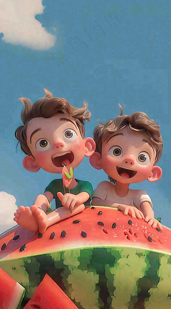 夏天西瓜男孩玩耍欢乐清凉解暑盛夏夏至大暑插画背景