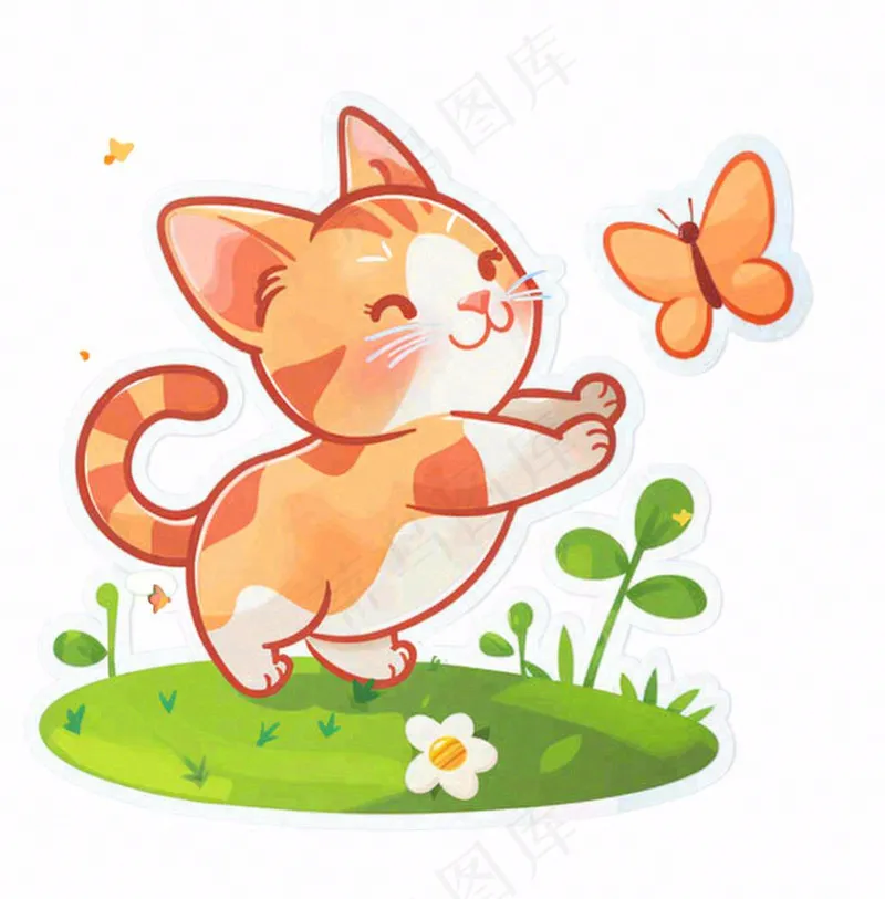 可爱的猫咪宠物草丛扑蝴蝶卡通插画免抠(1024x1040)