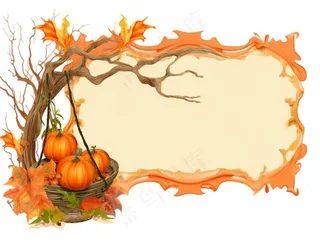 秋季南瓜作物枫叶边框感恩节黄色卡通插画免抠