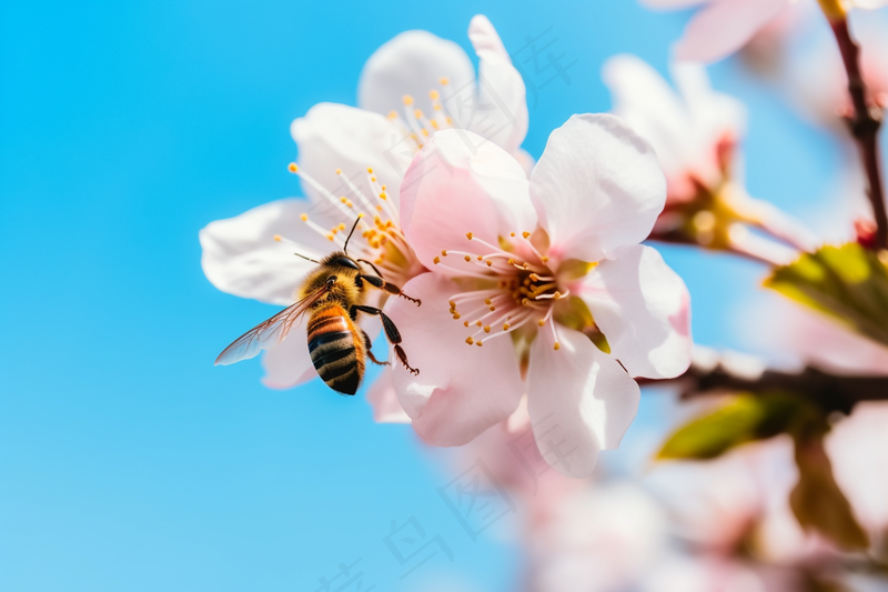 春天惊蛰桃花蜜蜂采蜜摄影图(x)