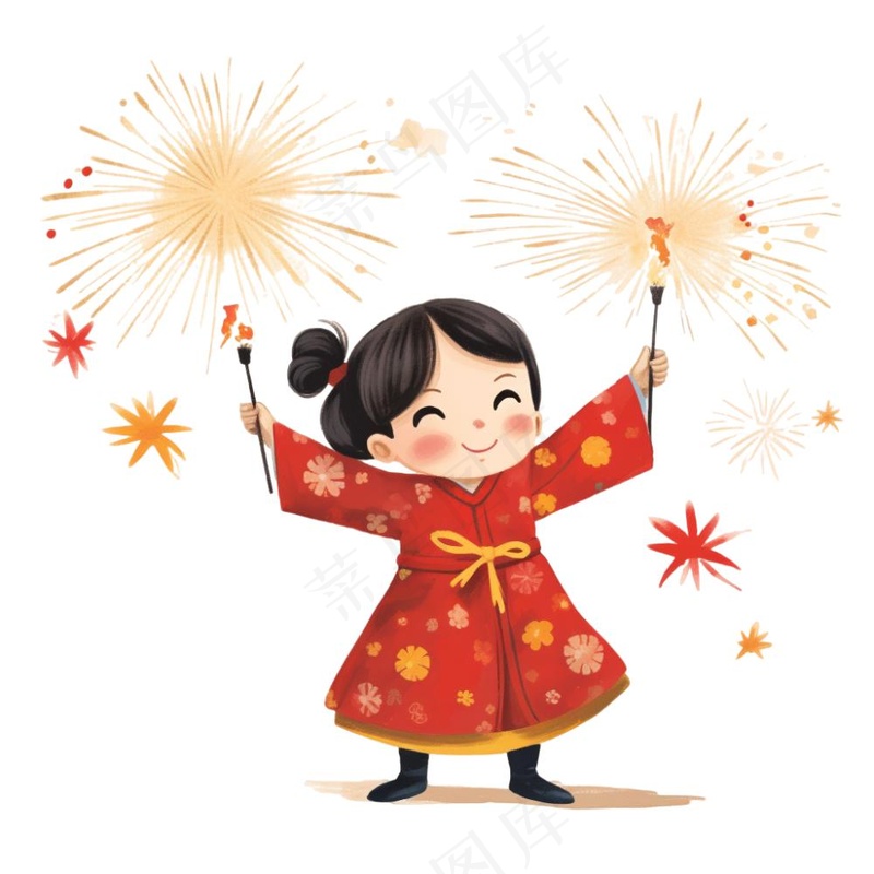 新年放烟花庆祝春节儿童开心过大年卡通插画免抠