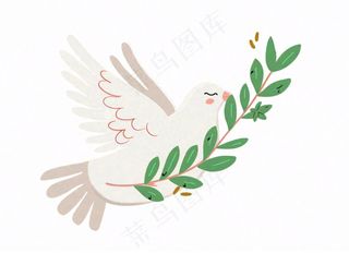 飞鸽携绿枝白鸽和平卡通插画免抠