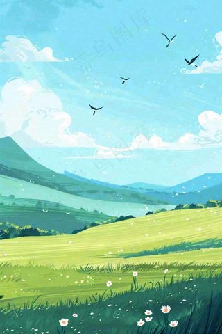 春天春暖花开草原蓝天白云燕子惊蛰春分卡通插画背景