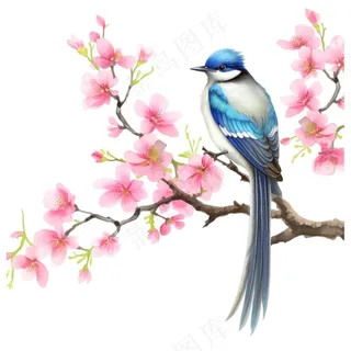 春桃花樱花树枝蓝鸟水彩画卡通插画免抠