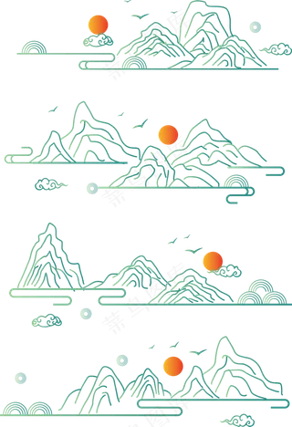 山水波浪祥云中式国风线条75免扣素材