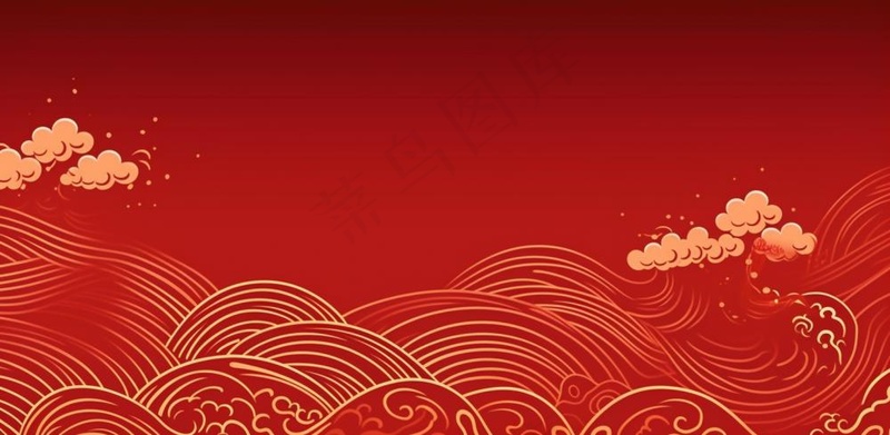 大红色复古简约古风海浪纹边角框金复古底纹背景