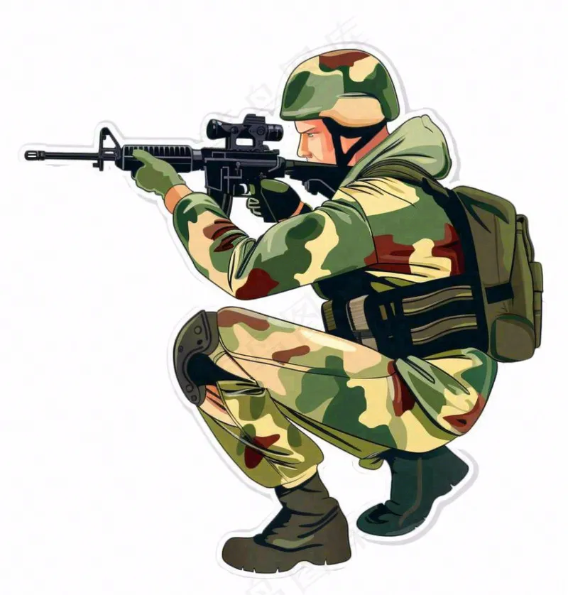 士兵军人拿着枪训练人物卡通插画免抠(1024x1072)