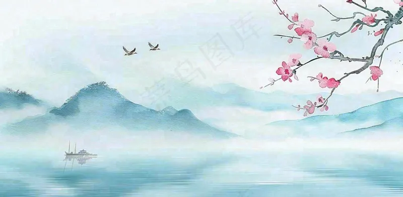 中国风水墨画山水船梅花春天春分清明插画背景(1568x768)